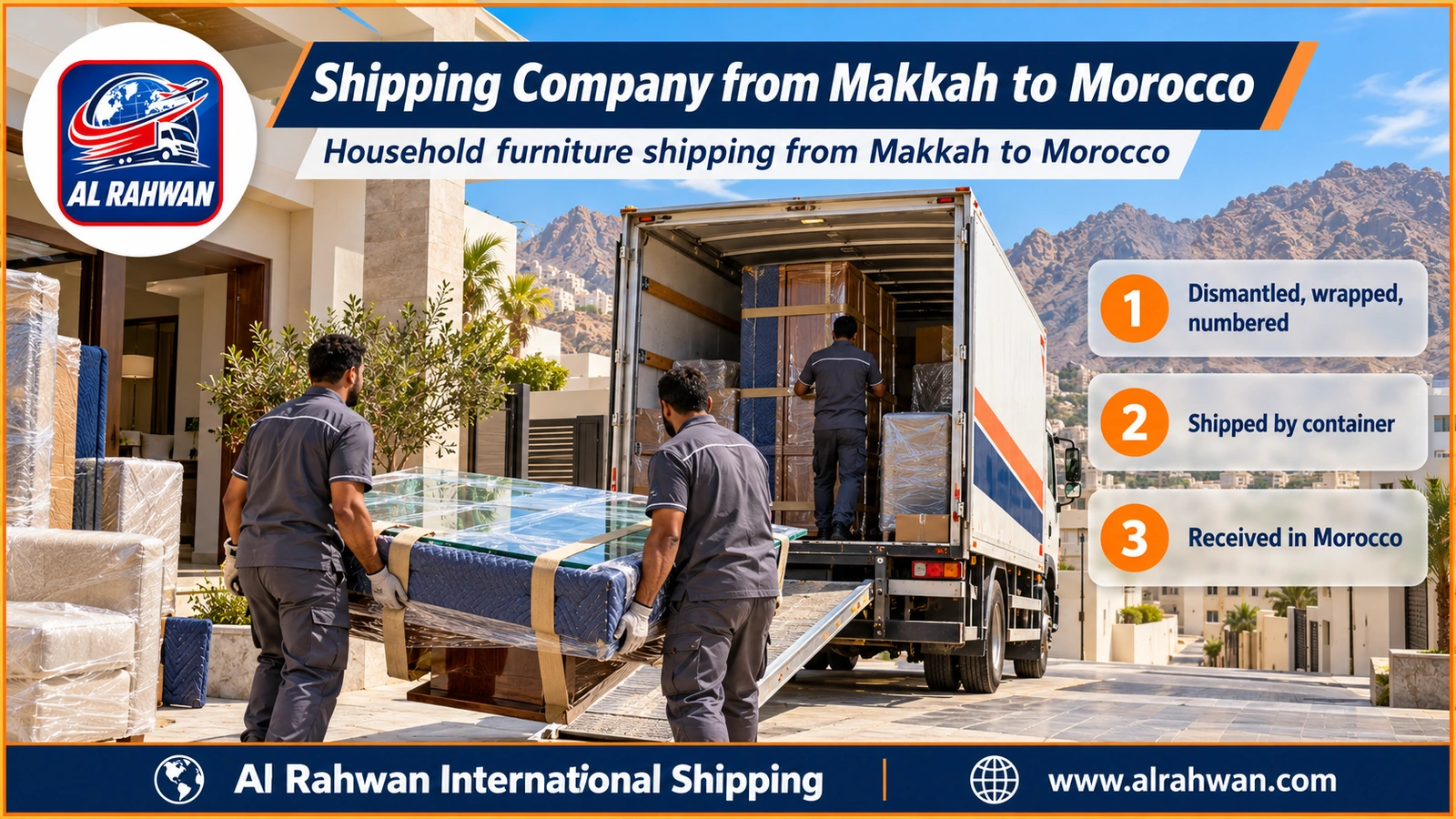 Shipping Company from Makkah to Morocco - workers wrapping household furniture inside a moving truck in Makkah before loading to Jeddah port