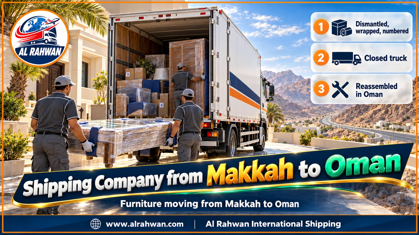 Shipping Company from Makkah to Oman - A moving crew wrapping a sofa in blankets and carrying wrapped wardrobe panels to an enclosed truck outside a residential building in Makkah