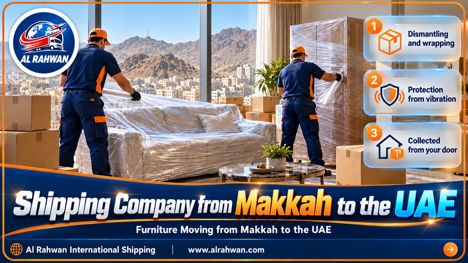 Packing team bringing wrapped furniture down from a flat in Makkah to a moving truck