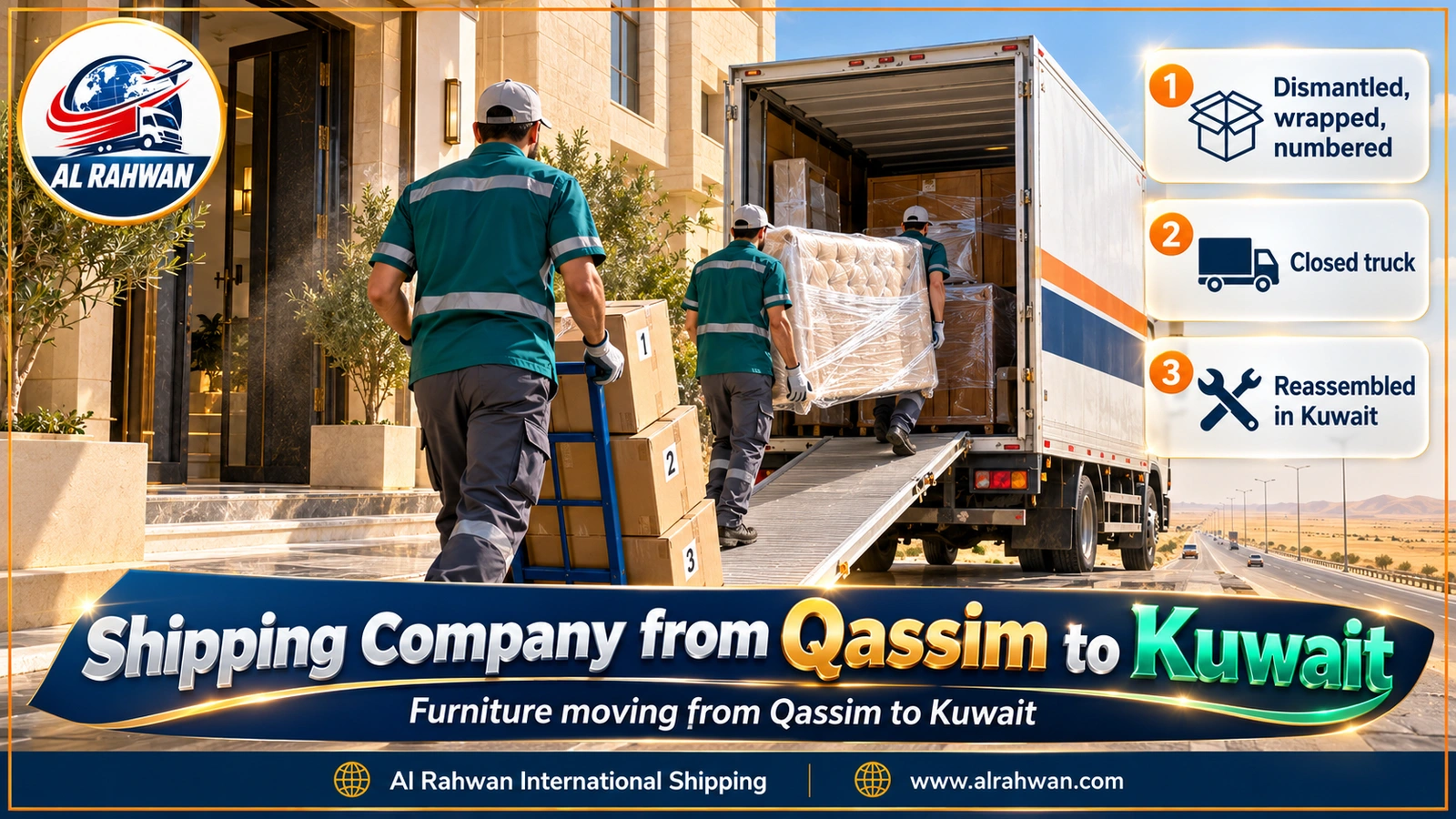 Shipping company from Qassim to Kuwait - a mover wheels numbered cartons while two others carry a wrapped headboard to the truck