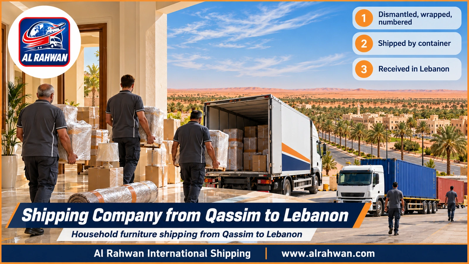 Shipping Company from Qassim to Lebanon - workers wrapping a sofa and household furniture inside a moving truck in Qassim before transport to Jeddah port
