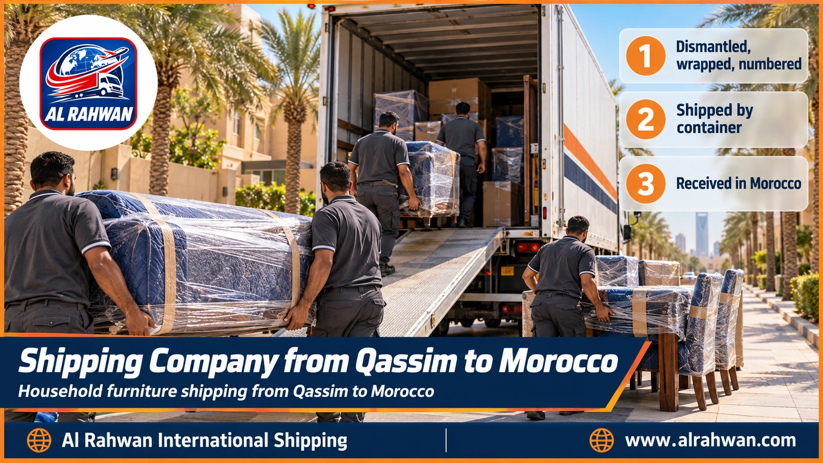 Shipping Company from Qassim to Morocco - workers wrapping household furniture inside a moving truck in Qassim before loading to Jeddah port