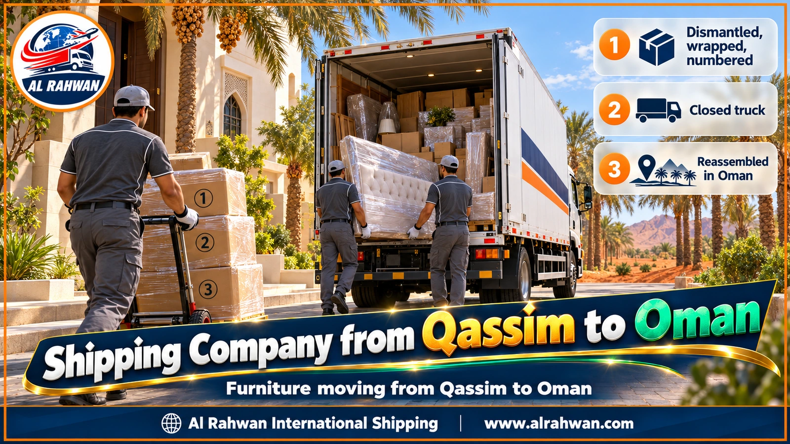 Shipping Company from Qassim to Oman - a removal crew wrapping a wooden dining table and an Arabic majlis set in a roomy Qassim home ready for the move to Oman