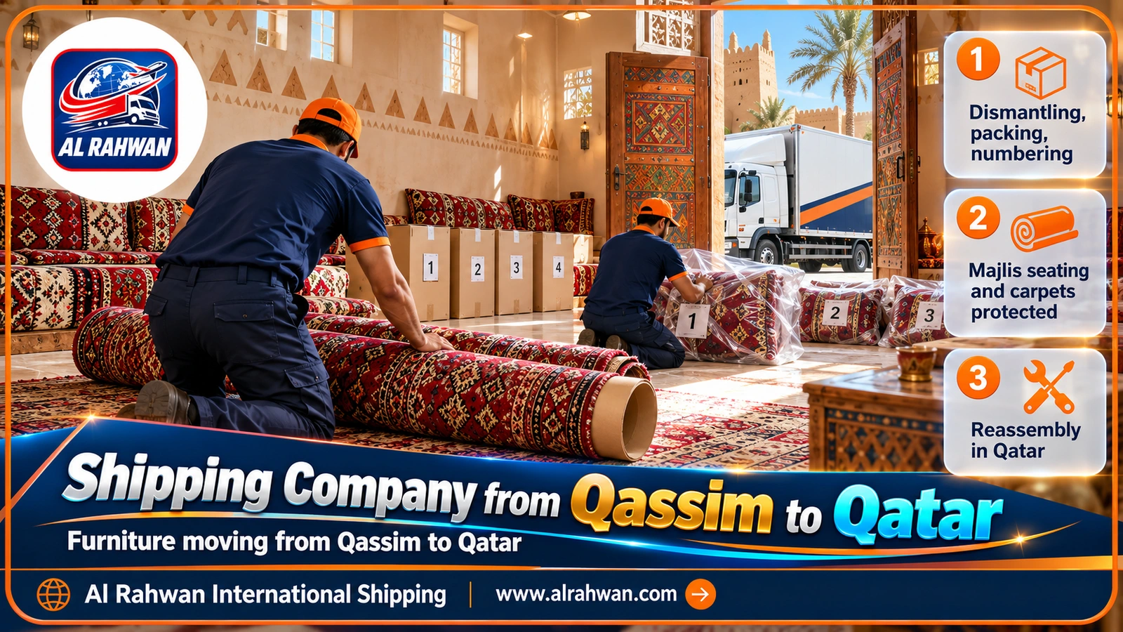 Al Rahwan crew wrapping Arabic majlis furniture in a Qassim home ready for shipping to Qatar