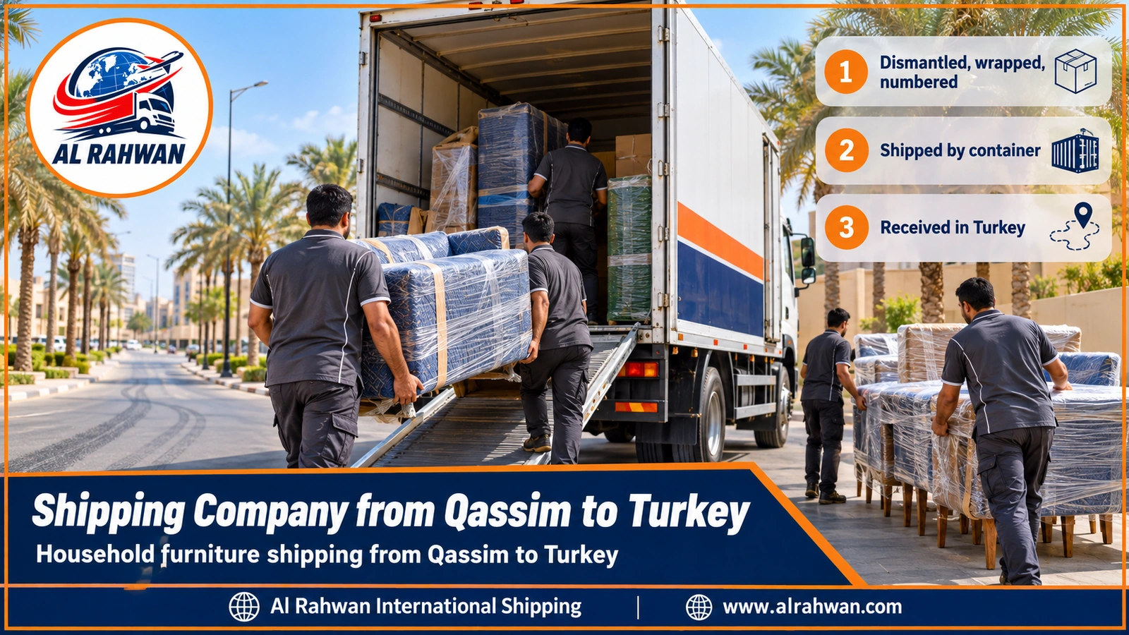 Shipping Company from Qassim to Turkey - workers wrapping a sofa and household furniture inside a moving truck in Buraidah before the transfer to Jeddah port