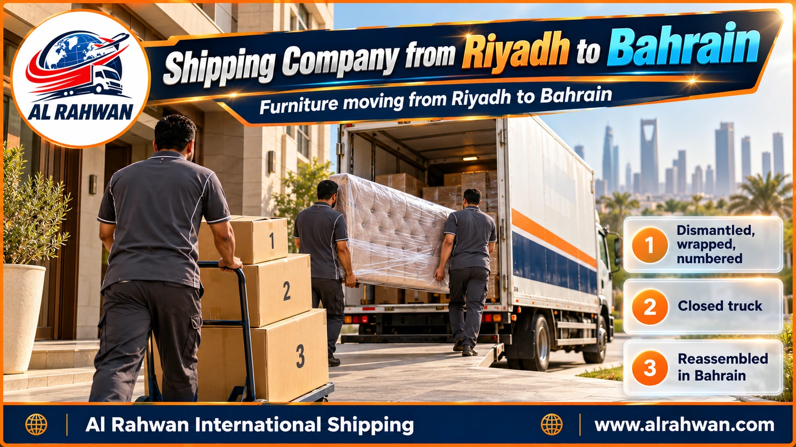 Shipping Company from Riyadh to Bahrain - a crew wrapping living-room furniture and numbering cartons inside a Riyadh villa before shipping to Bahrain
