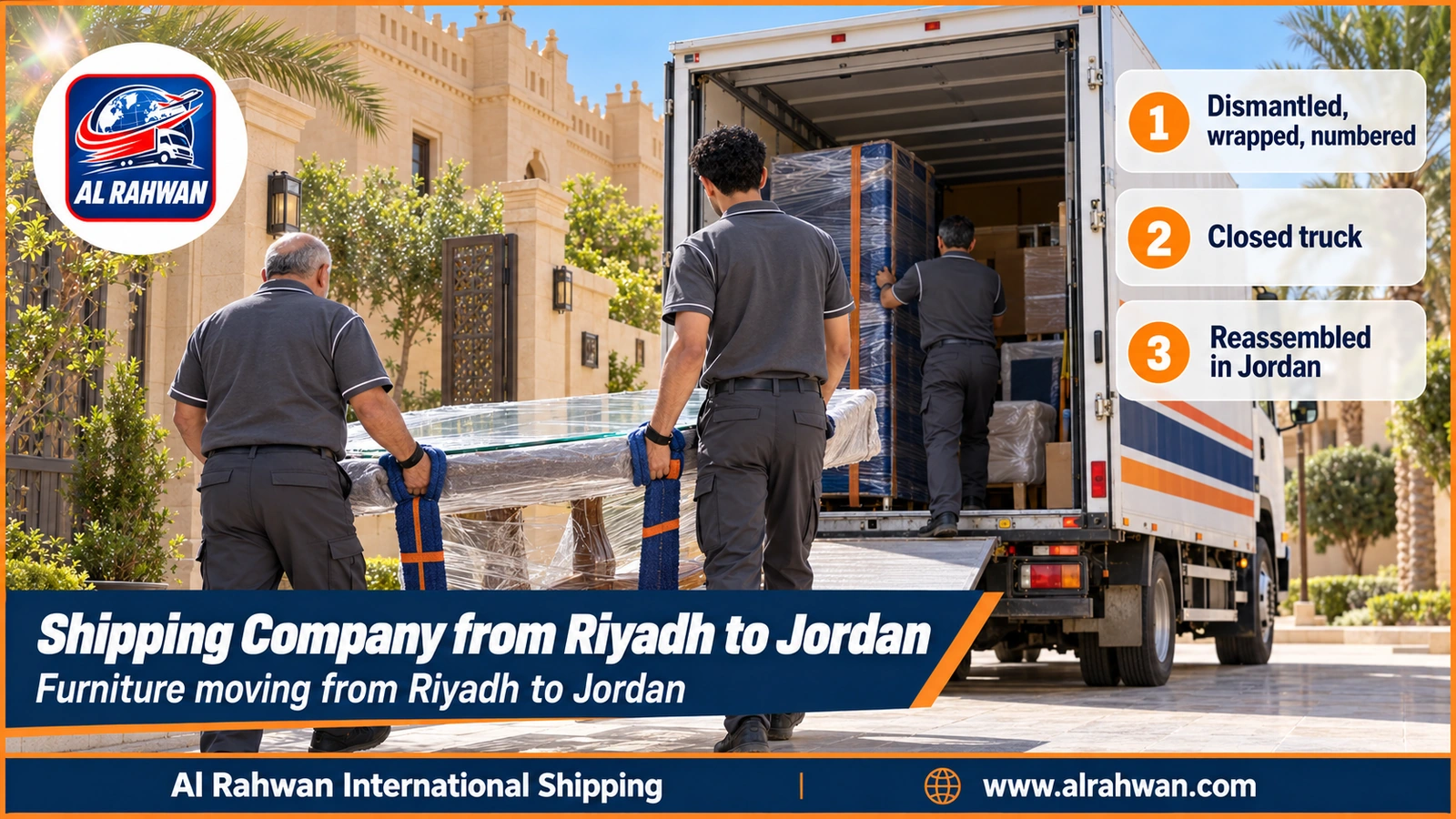 Shipping Company from Riyadh to Jordan - workers carrying a wrapped sofa into a closed truck outside a Riyadh villa before shipping to Jordan