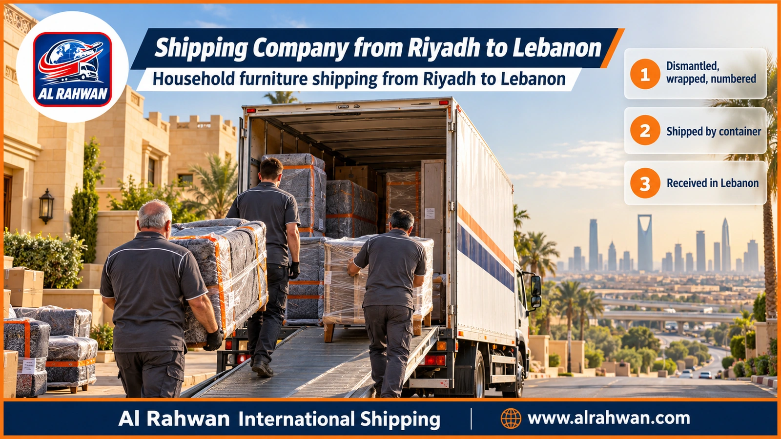 Shipping Company from Riyadh to Lebanon - workers wrapping a sofa and household furniture inside a moving truck before the transfer to Jeddah port