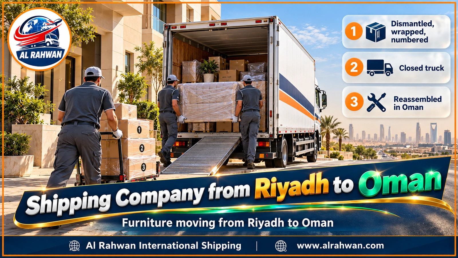 Shipping Company from Riyadh to Oman - movers wrapping a sofa and a wardrobe in a Riyadh villa before loading them onto a truck bound for Oman