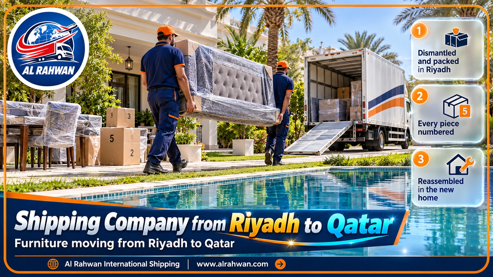 Crew of a shipping company from Riyadh to Qatar carrying wrapped furniture in a Riyadh residential compound