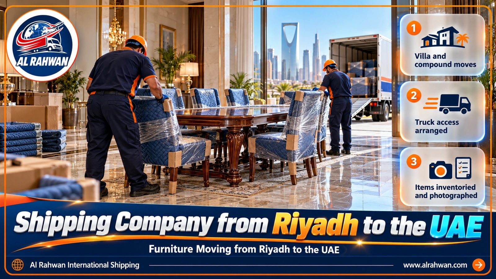 Workers wrapping villa furniture in Riyadh for the move to the UAE