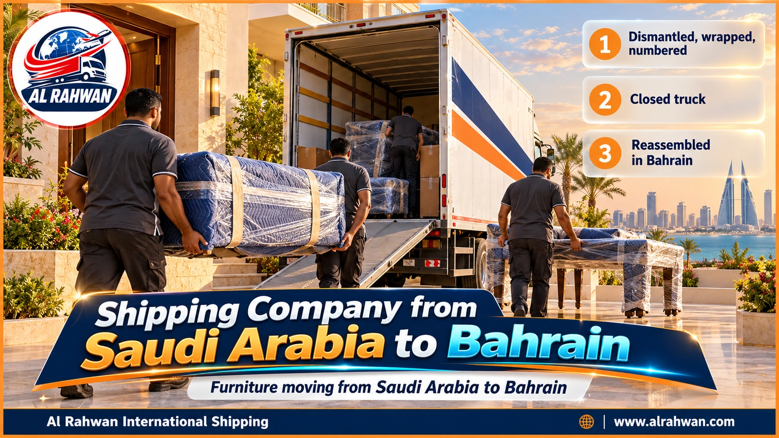 Shipping company from Saudi Arabia to Bahrain - movers carrying wrapped sofas and a dining table to a white truck outside a modern Saudi home