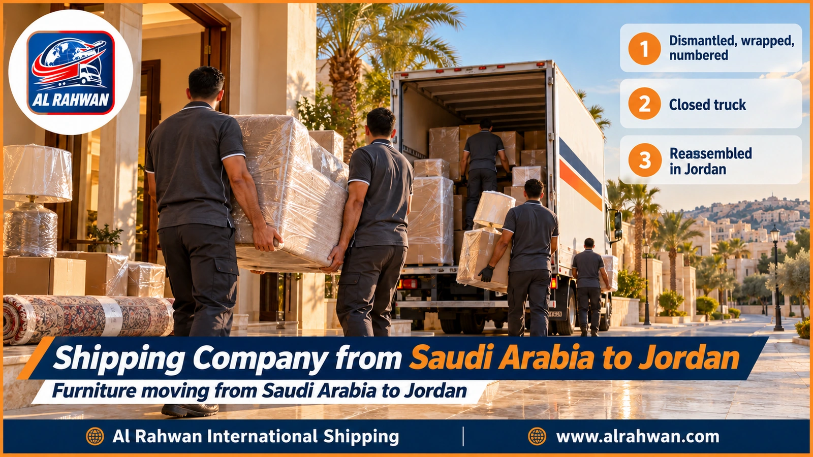 Shipping Company from Saudi Arabia to Jordan - workers carrying a wrapped sofa into a closed moving truck outside a villa before shipping to Jordan