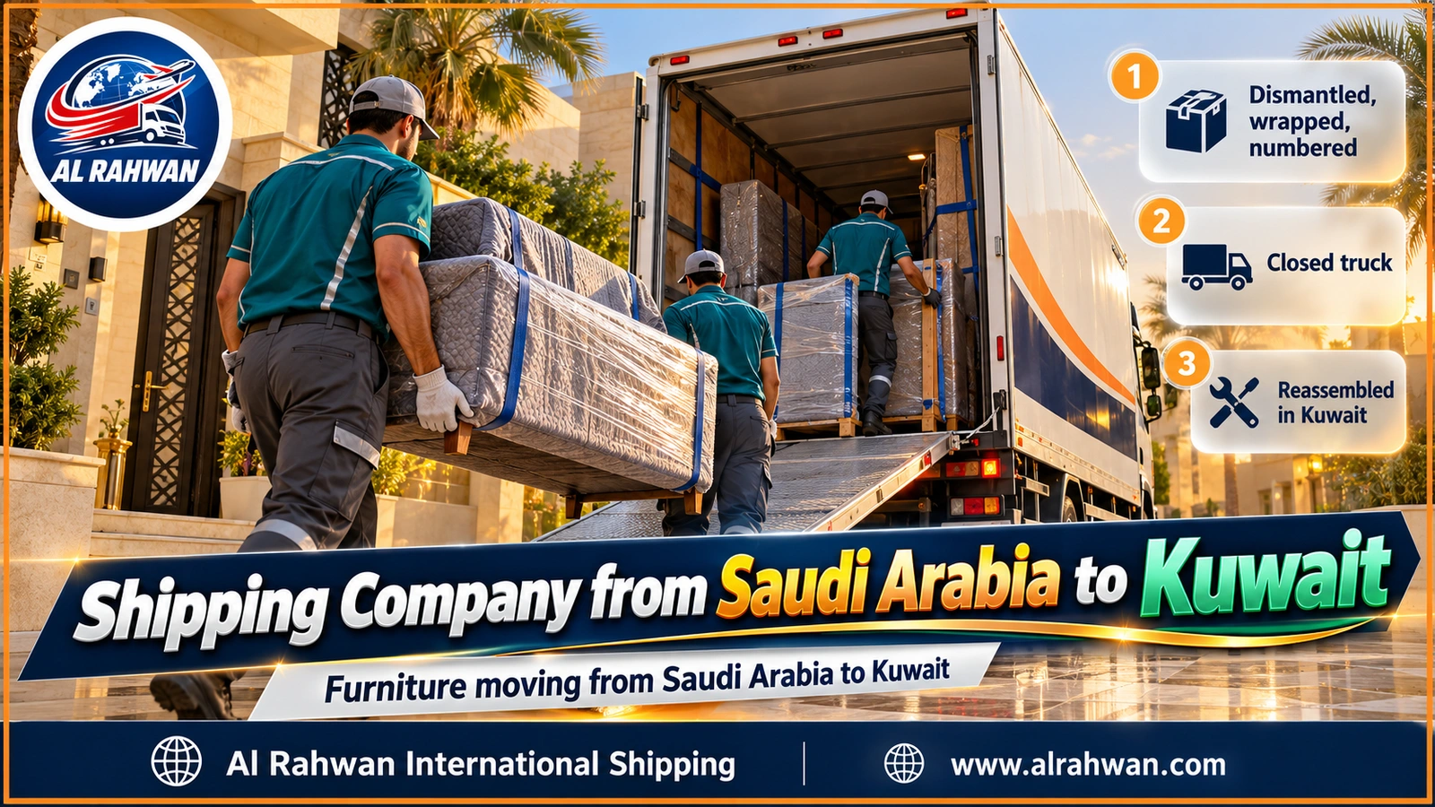 Crew of a shipping company from Saudi Arabia to Kuwait carrying wrapped furniture to a closed truck