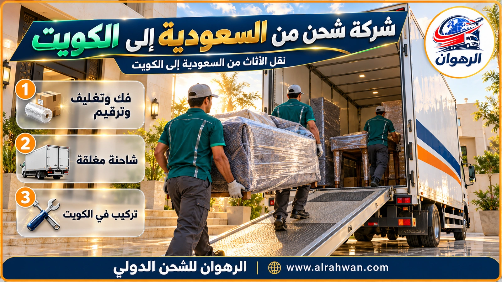فريق شركة شحن من السعودية إلى الكويت يحمل أثاثاً مغلفاً إلى الشاحنة المغلقة