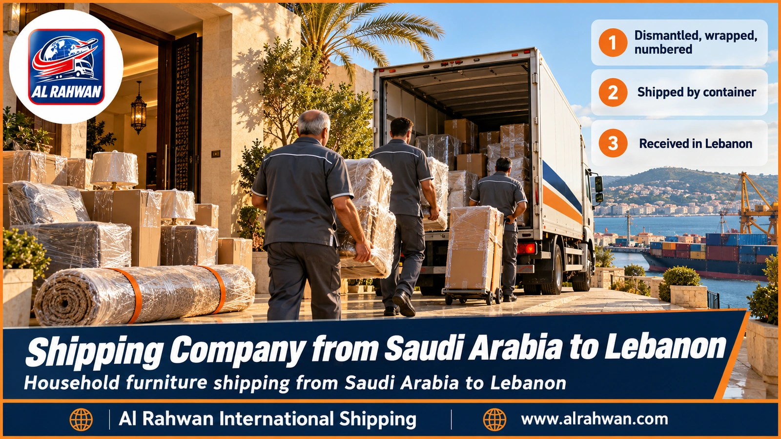 Shipping Company from Saudi Arabia to Lebanon - workers wrapping a sofa and household furniture inside a moving truck before the transfer to Jeddah port