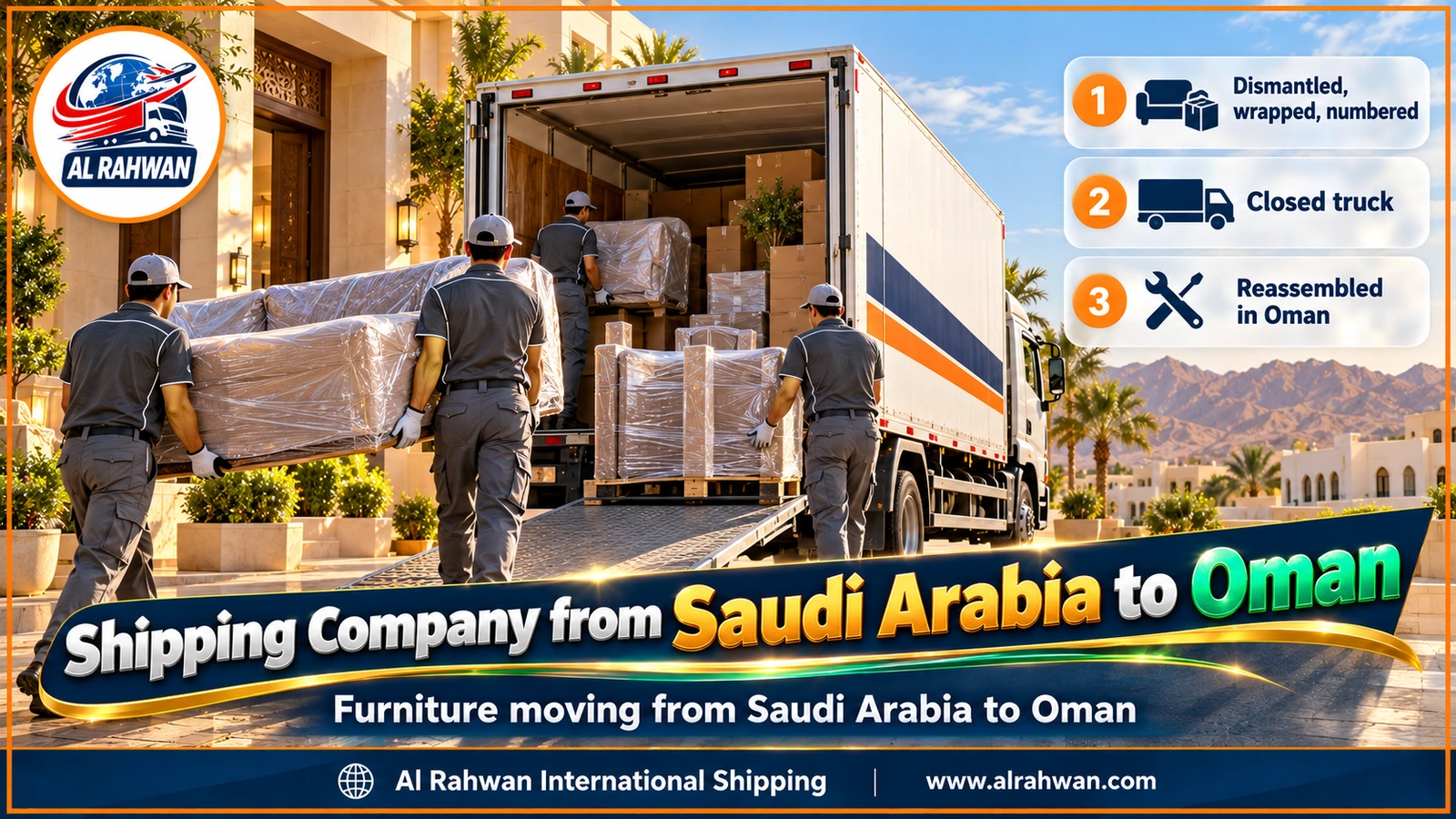 Shipping Company from Saudi Arabia to Oman - workers in work shirts carrying a wrapped sofa into an enclosed removal truck outside a villa before the move to Oman