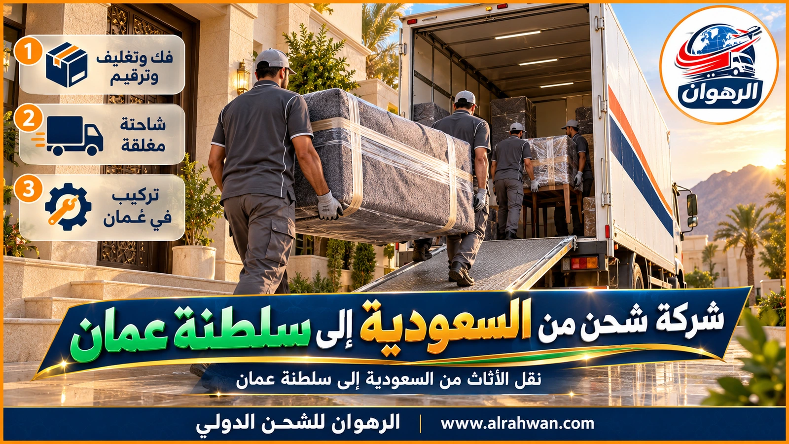 شركة شحن من السعودية إلى سلطنة عمان - عمال بقمصان كحلية يحملون كنبة مغلفة إلى شاحنة نقل مغلقة أمام فيلا قبل نقلها إلى سلطنة عمان