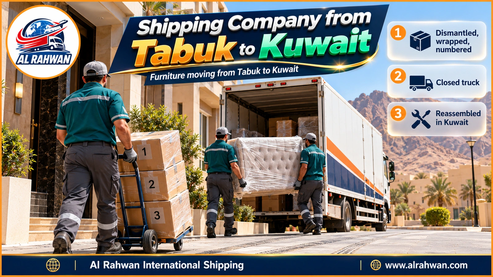 Crew of a shipping company from Tabuk to Kuwait wrapping villa furniture and loading it into a closed truck