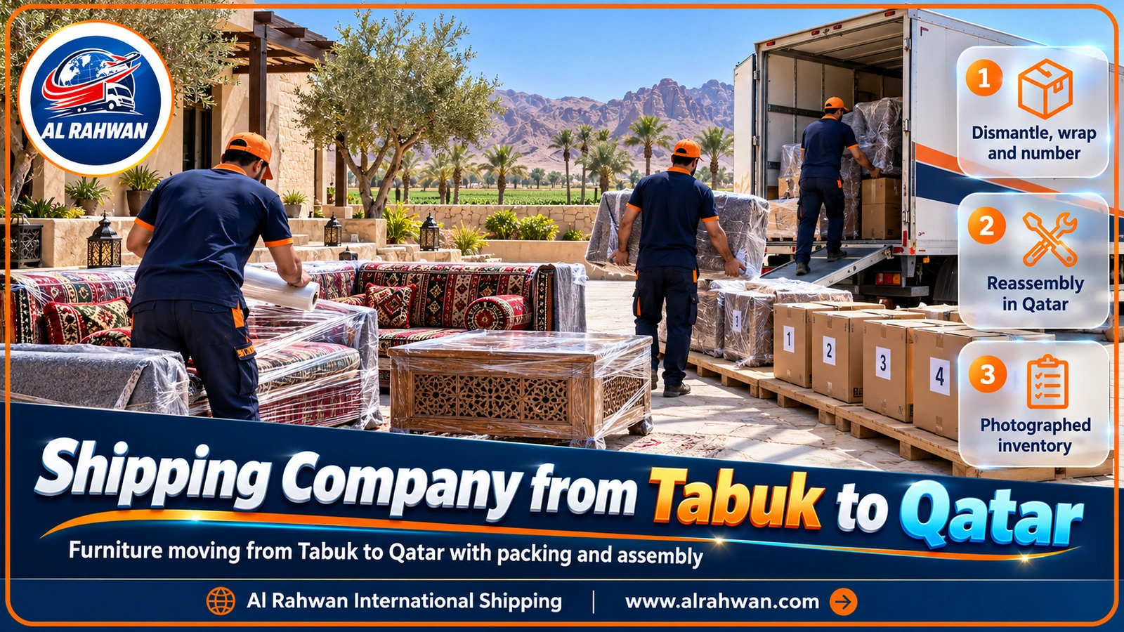 Al Rahwan crew wrapping furniture in Tabuk before shipping it to Qatar