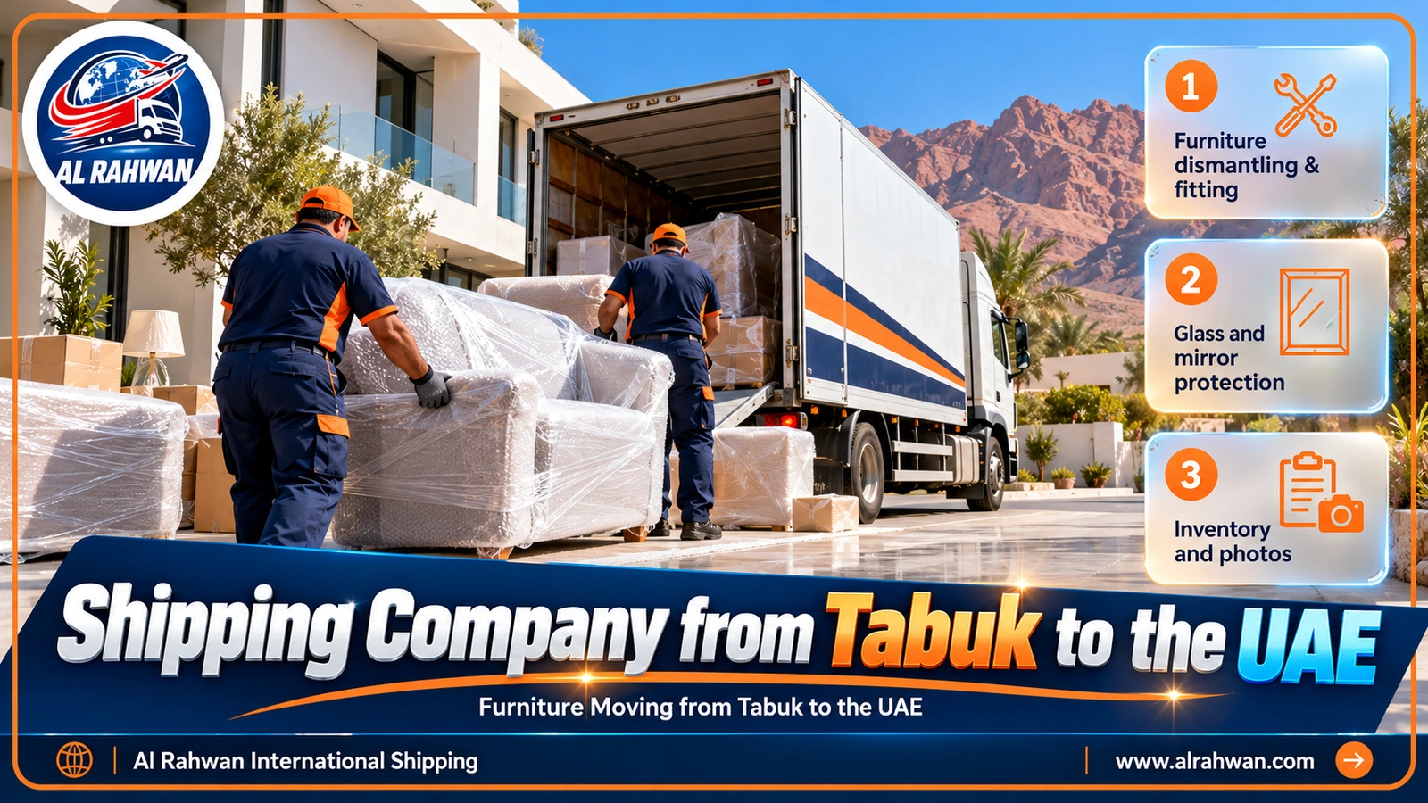 Movers wrapping furniture in front of a villa in Tabuk before it goes to the UAE