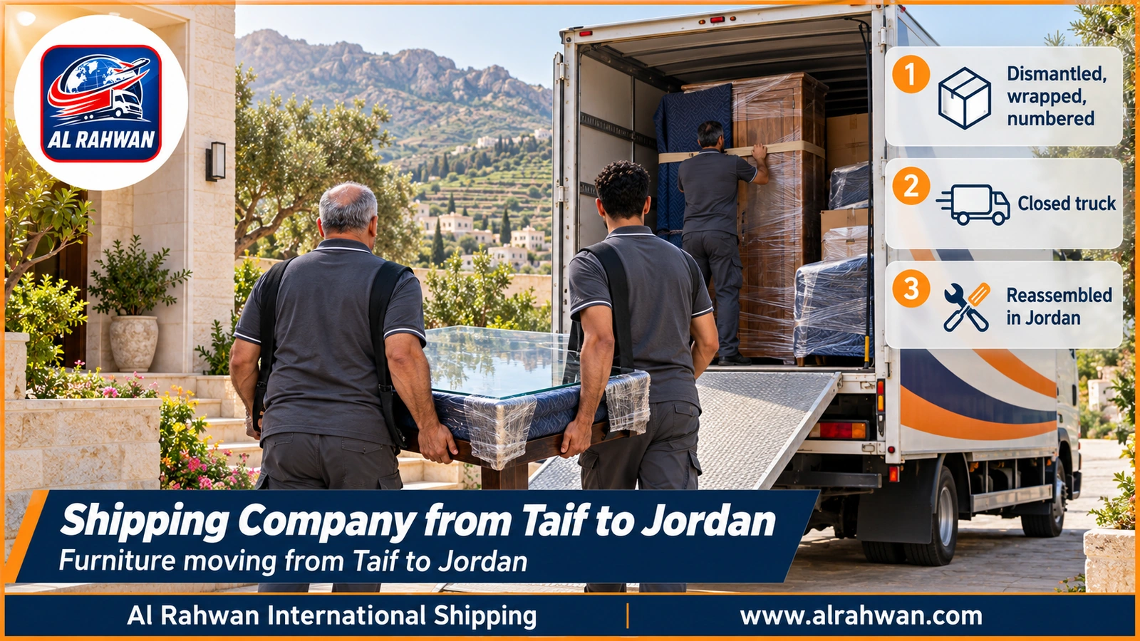 Shipping Company from Taif to Jordan - a moving crew wrapping a wooden wardrobe in blankets and carrying it from a villa in Taif to the enclosed truck