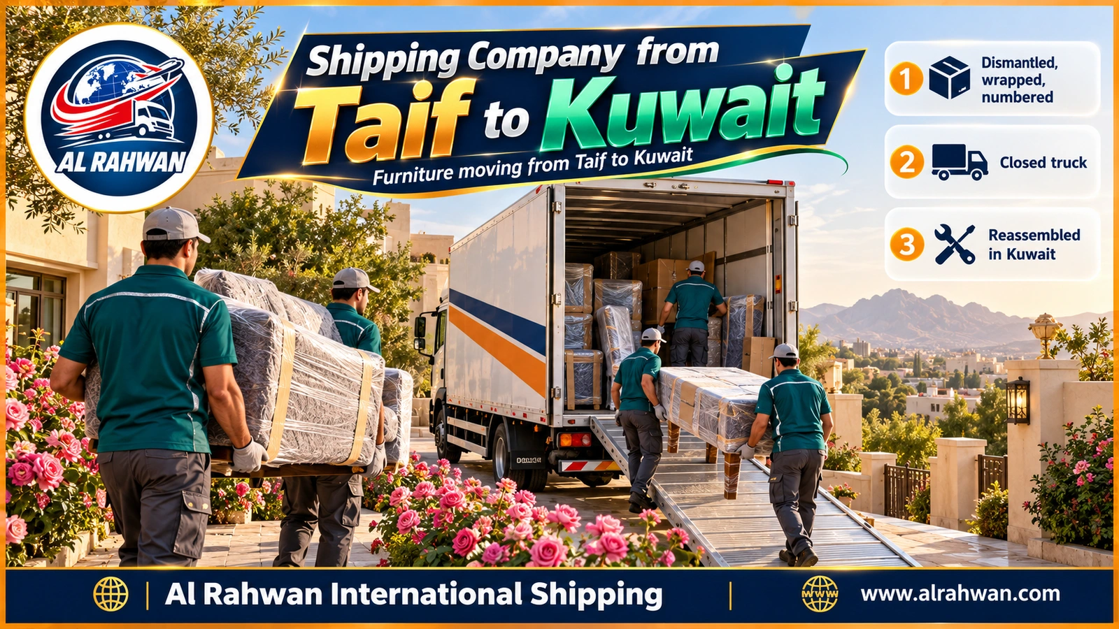 Crew of a shipping company from Taif to Kuwait wrapping a wooden wardrobe inside a Taif villa