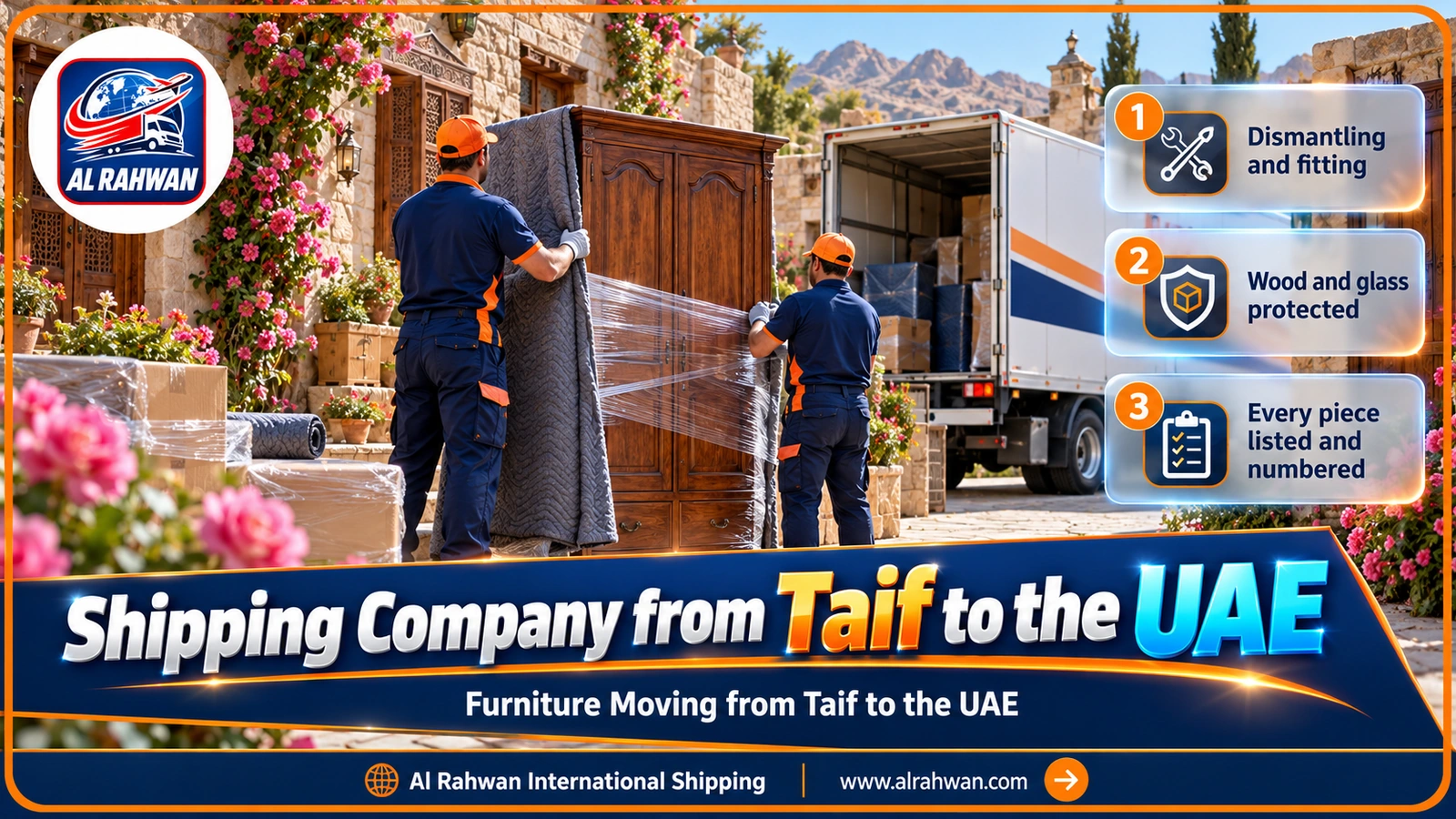 Workers wrapping furniture inside a house in Taif before shipping it to the UAE