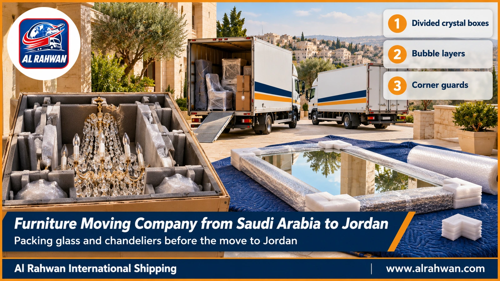 Furniture Moving Company from Saudi Arabia to Jordan - a technician wraps chandelier crystal piece by piece in bubble wrap before placing it in a padded wooden crate