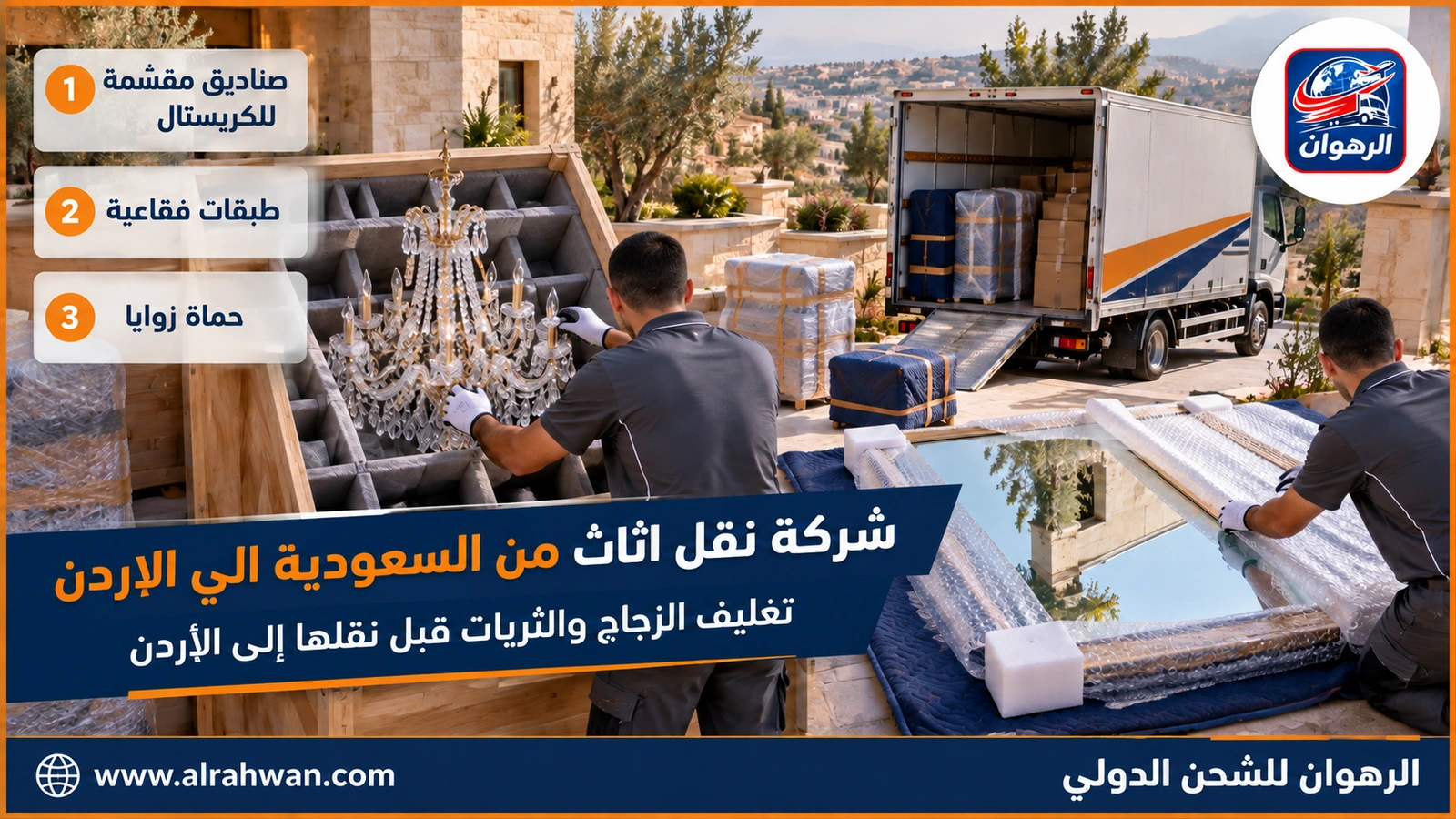 شركة نقل اثاث من السعودية الي الاردن - فني يغلف كريستال ثريا قطعة بقطعة بورق فقاعي قبل وضعها في صندوق خشبي مبطن