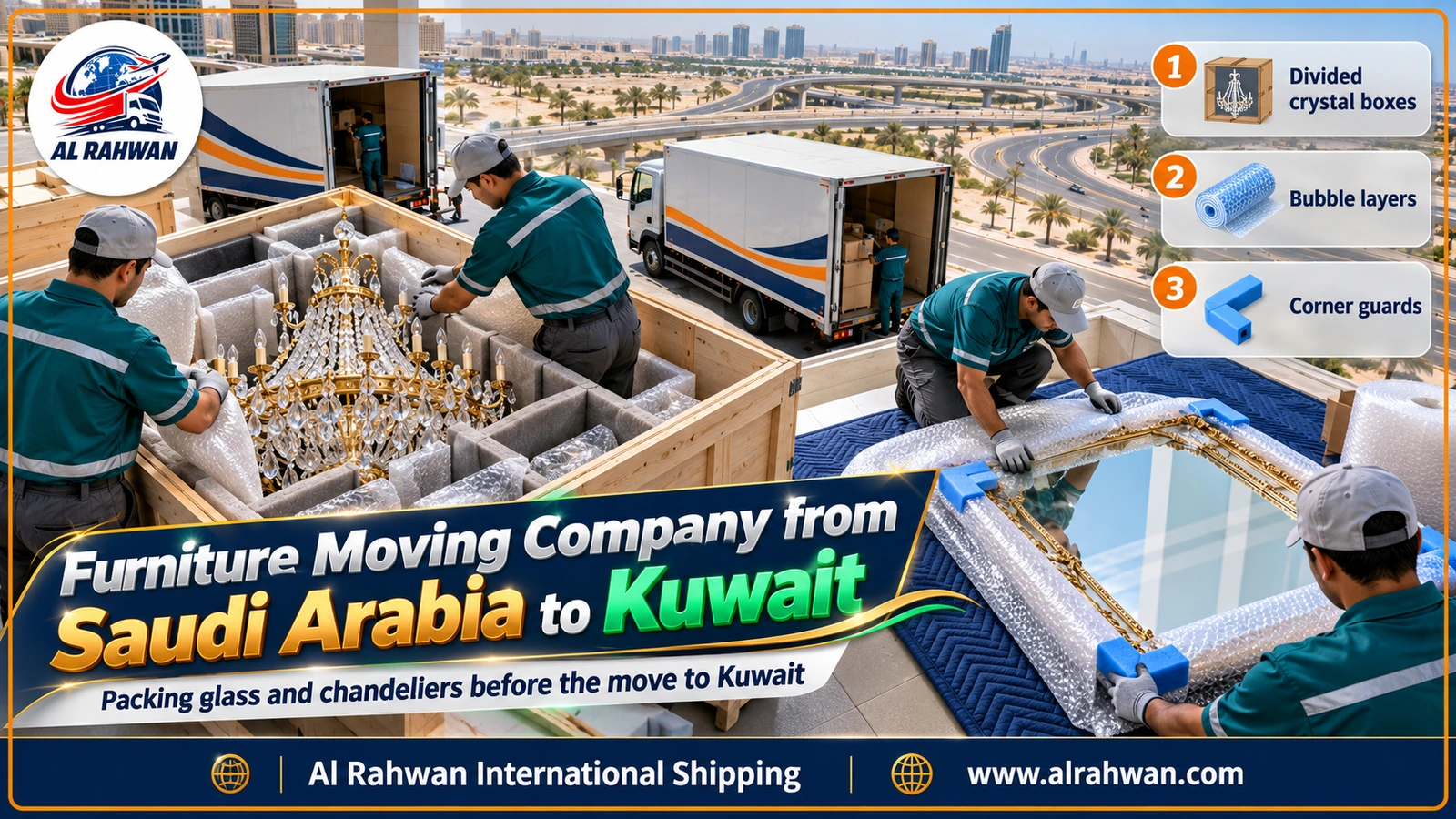 A crystal chandelier lowered into a padded box and a large mirror wrapped in bubble film and corner guards by gloved hands in navy sleeves before the move to Kuwait