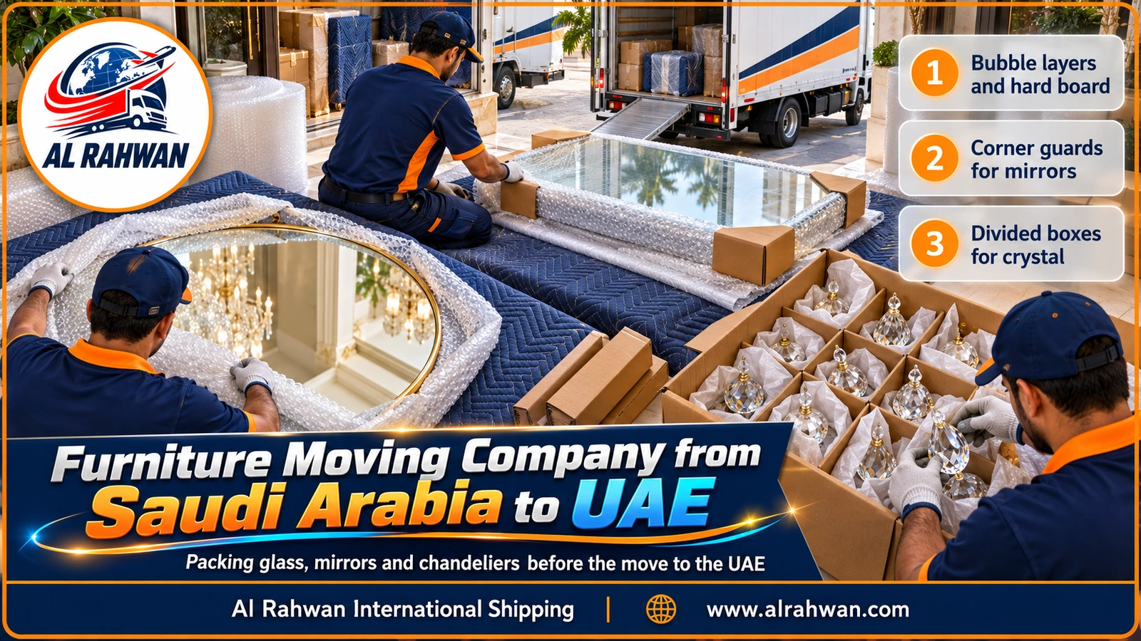 Packer wrapping a large mirror in layers of bubble wrap beside crystal chandelier parts arranged in boxes before the move to the UAE