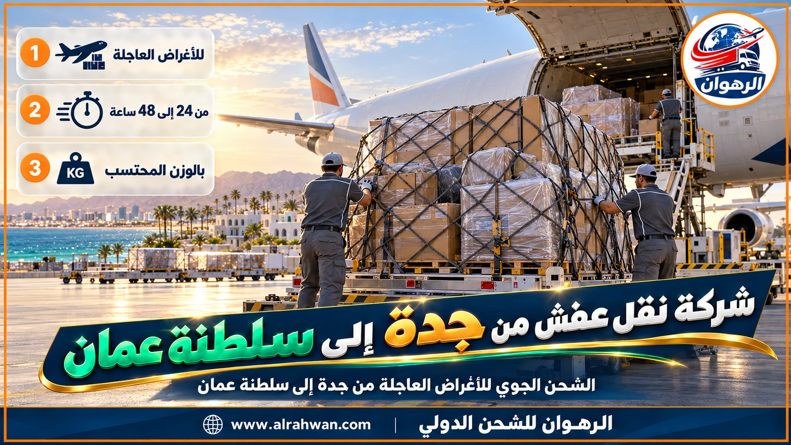 شركة نقل عفش من جدة إلى سلطنة عمان - كراتين صغيرة مغلفة تُحمّل في حاوية شحن جوي على أرض المطار