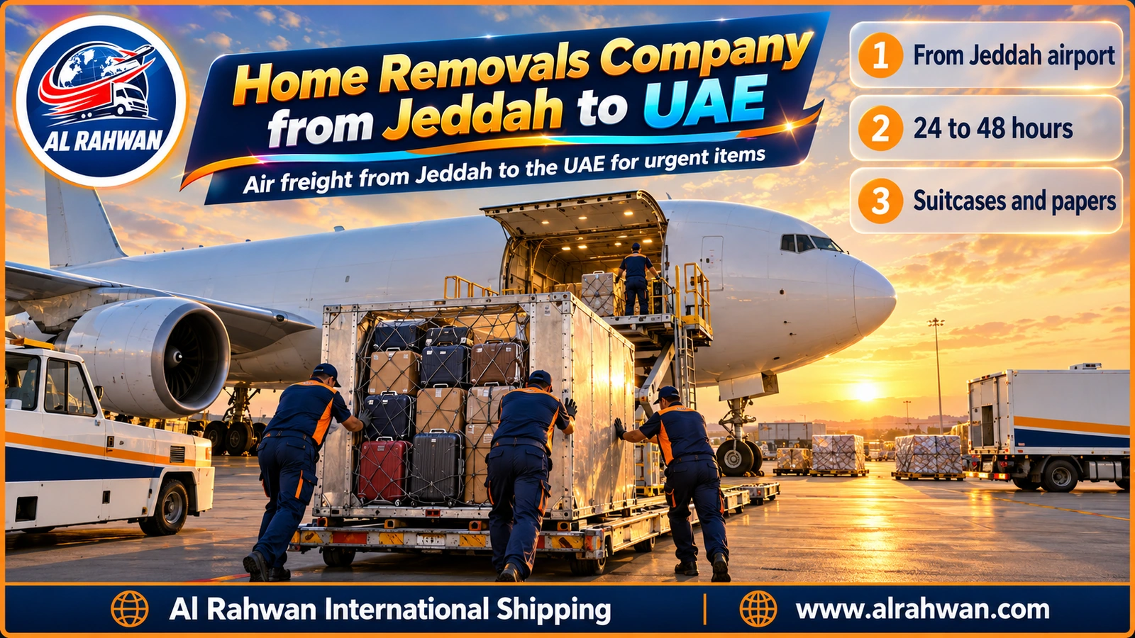 Urgent parcels and suitcases being loaded onto a cargo aircraft at King Abdulaziz Airport in Jeddah bound for the UAE