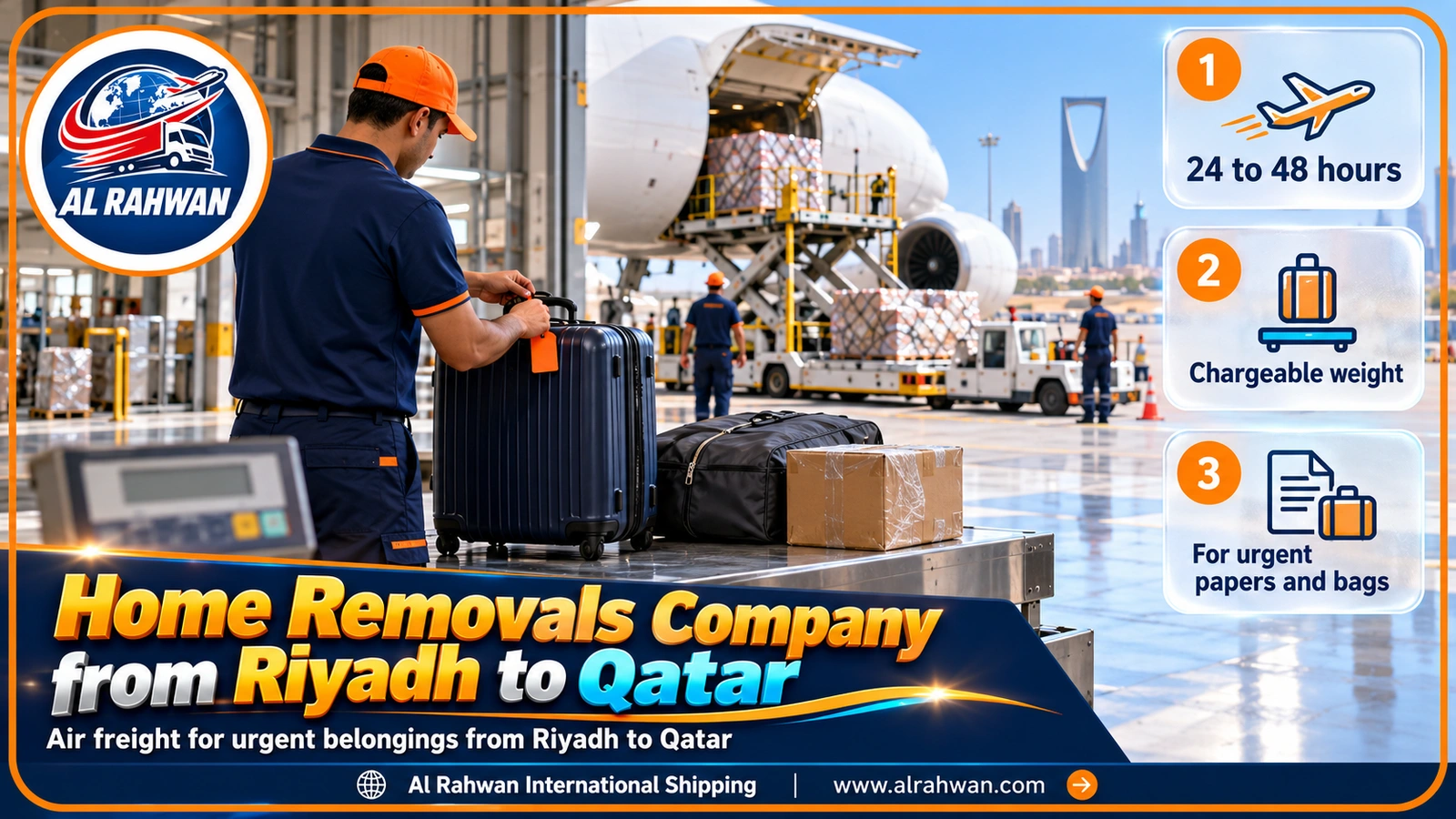 Urgent suitcases and parcels being loaded onto a cargo aircraft from Riyadh to Qatar