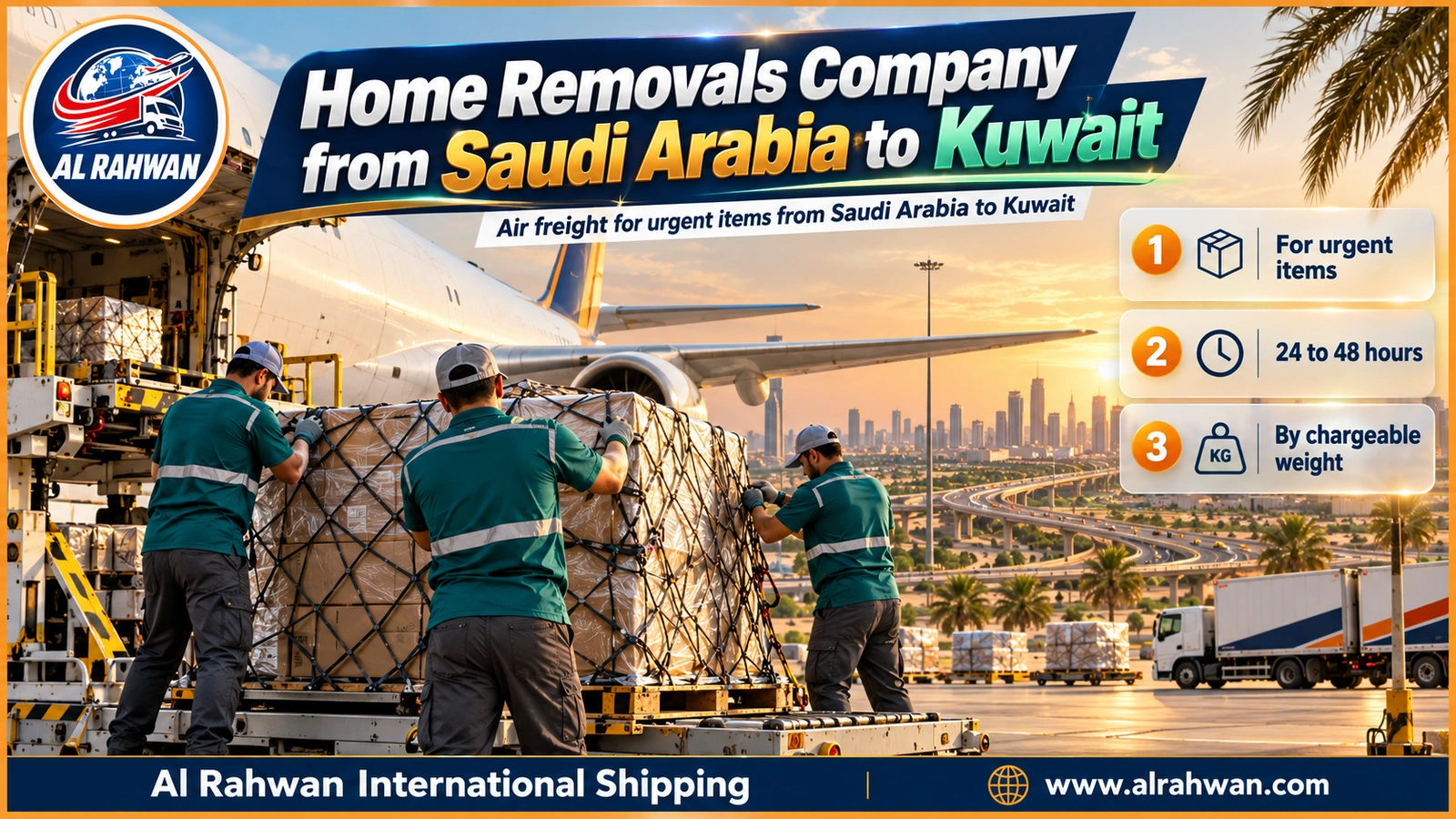 Small air-cargo pallet of a family's urgent cartons being netted on an airport apron before it flies to Kuwait