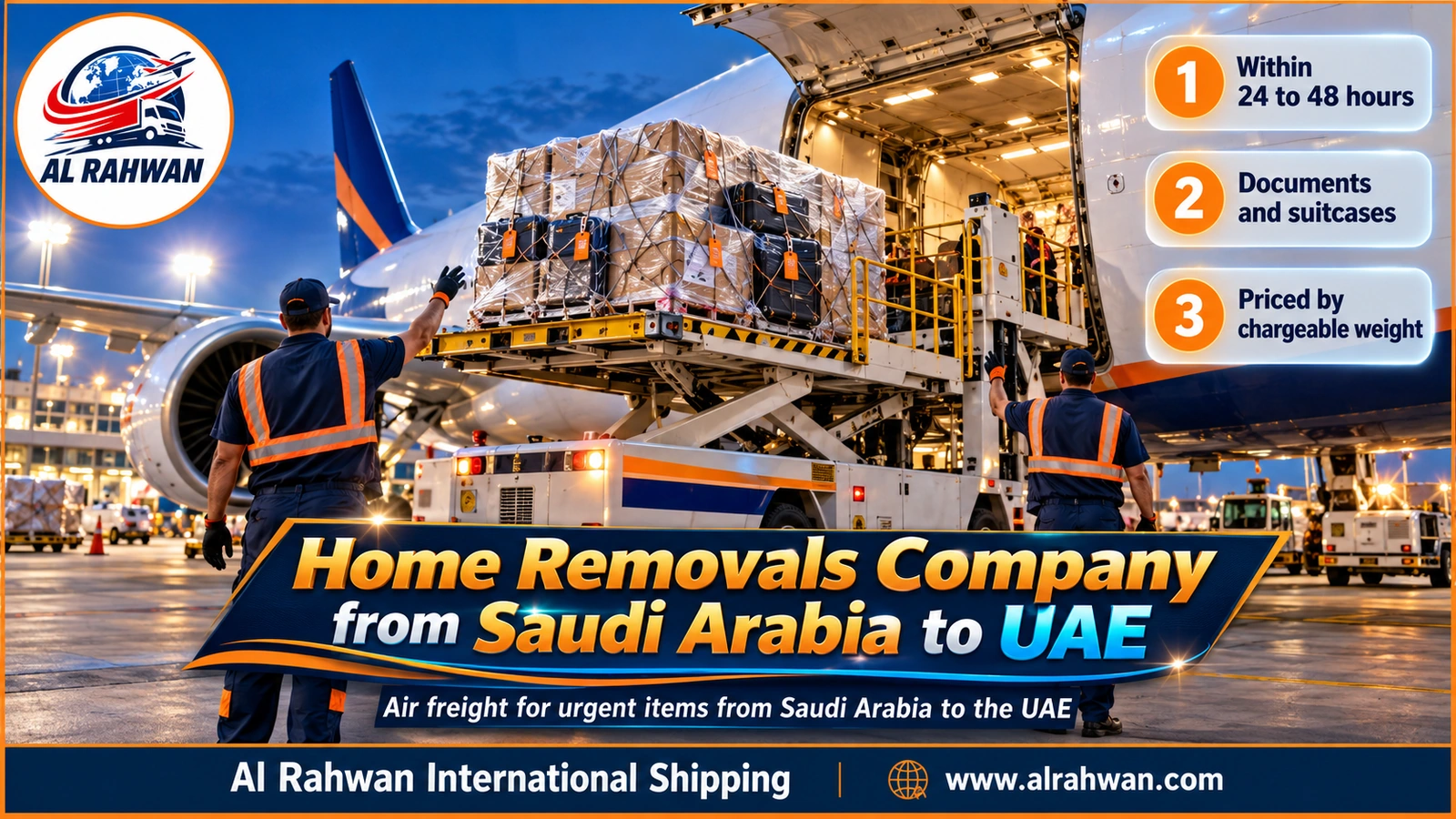 Urgent wrapped parcels and suitcases being prepared for air freight at a Saudi airport bound for the UAE