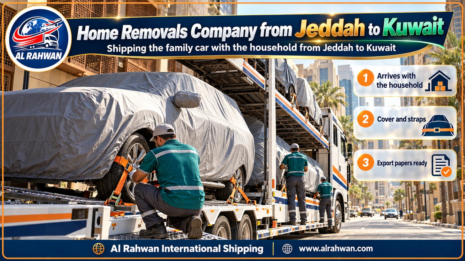 Family car covered and strapped on a multi-deck car transporter from Jeddah to Kuwait
