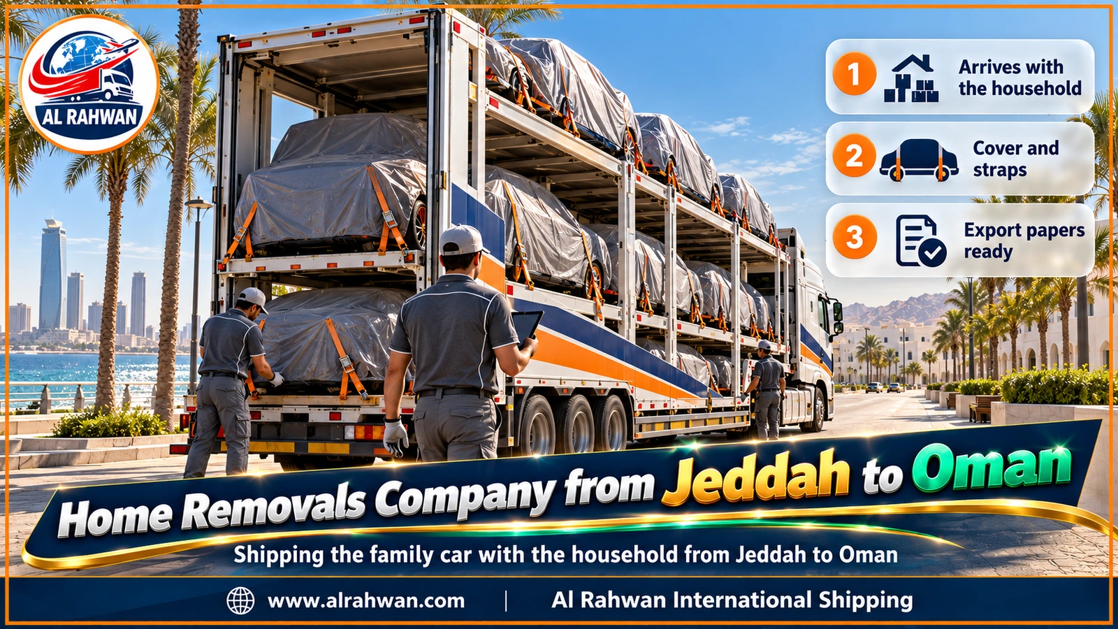 home removals company from jeddah to oman - a multi-deck car carrier with covered, strapped cars parked beside a removals truck