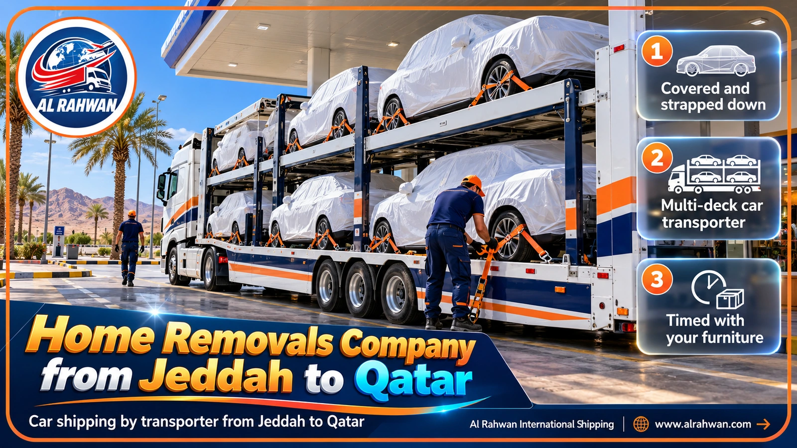 Multi-deck car transporter carrying covered, strapped cars from Jeddah to Qatar