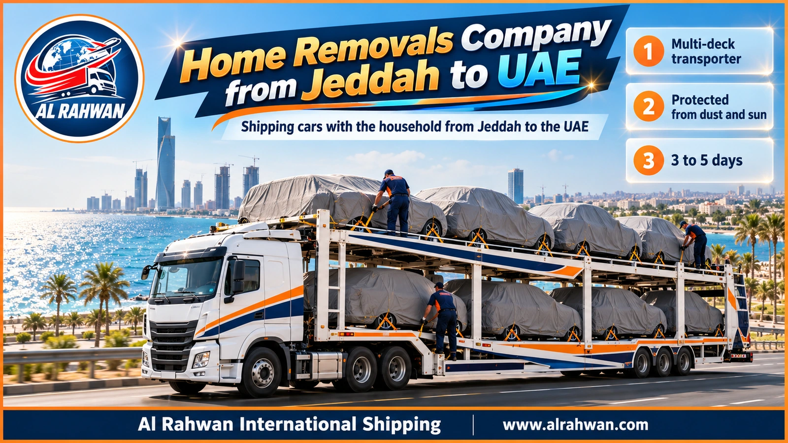Long multi-deck car carrier with covered, strapped cars travelling from Jeddah to the UAE