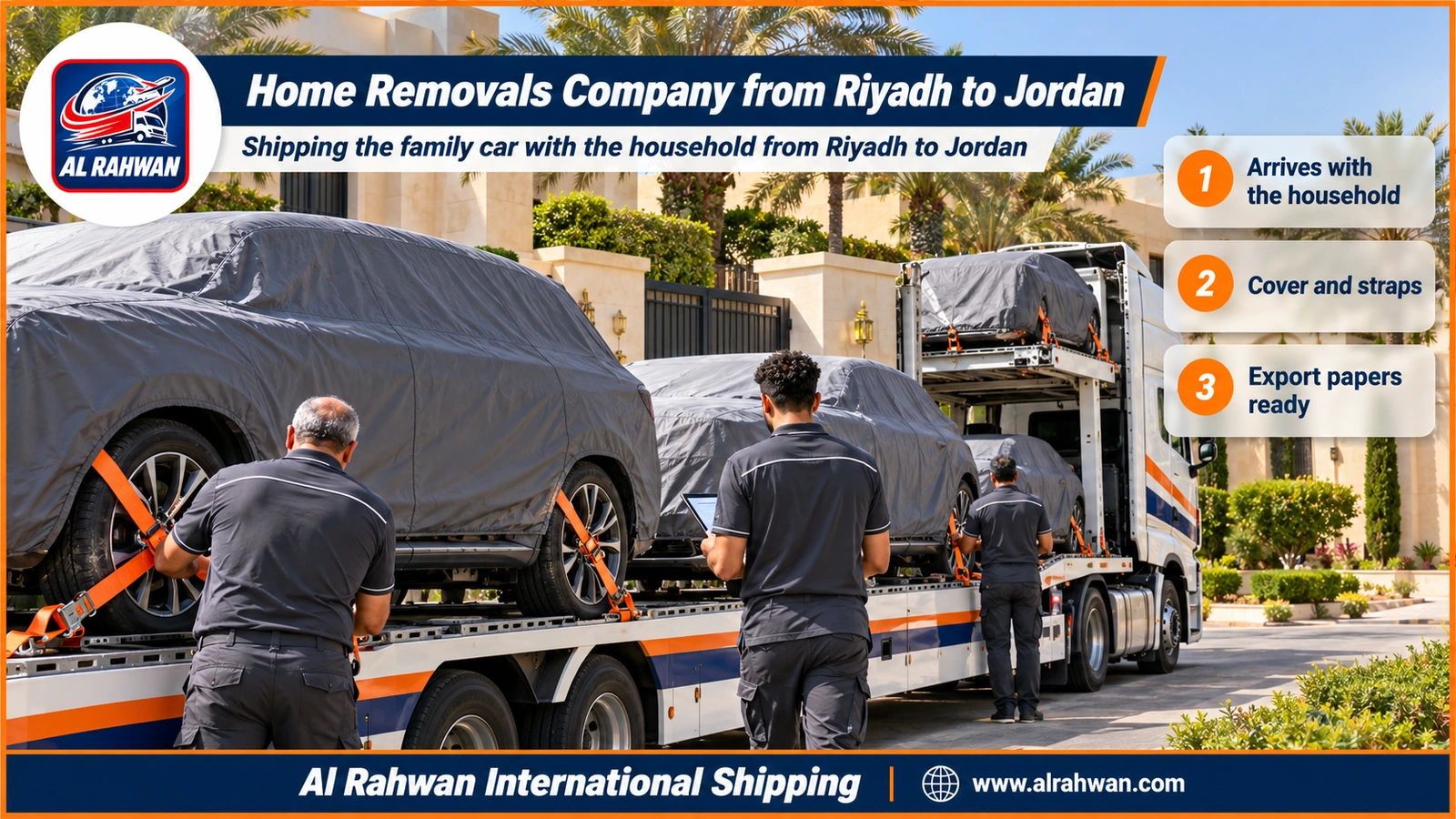home removals company from riyadh to jordan - a white two-deck car transporter carrying covered family cars on a desert road outside riyadh