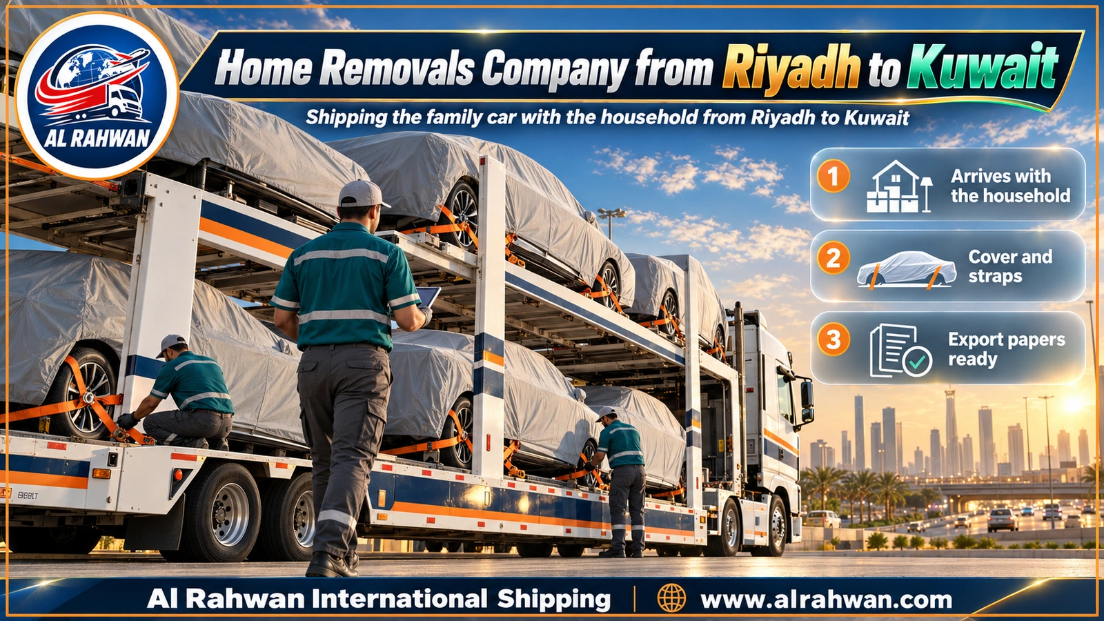Home removals company from Riyadh to Kuwait - covered cars strapped onto a multi-deck transporter