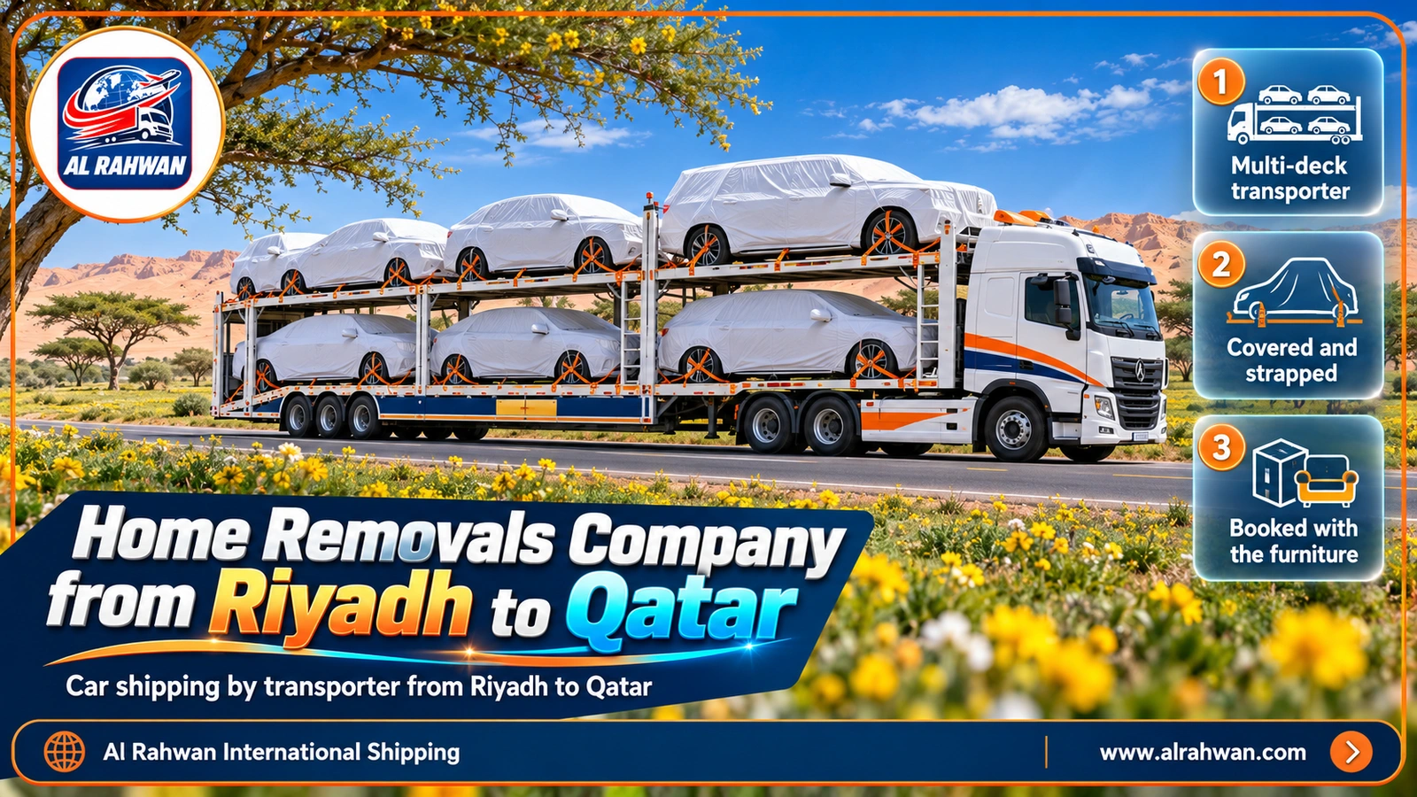 Multi-deck car transporter carrying covered, strapped cars from Riyadh to Qatar
