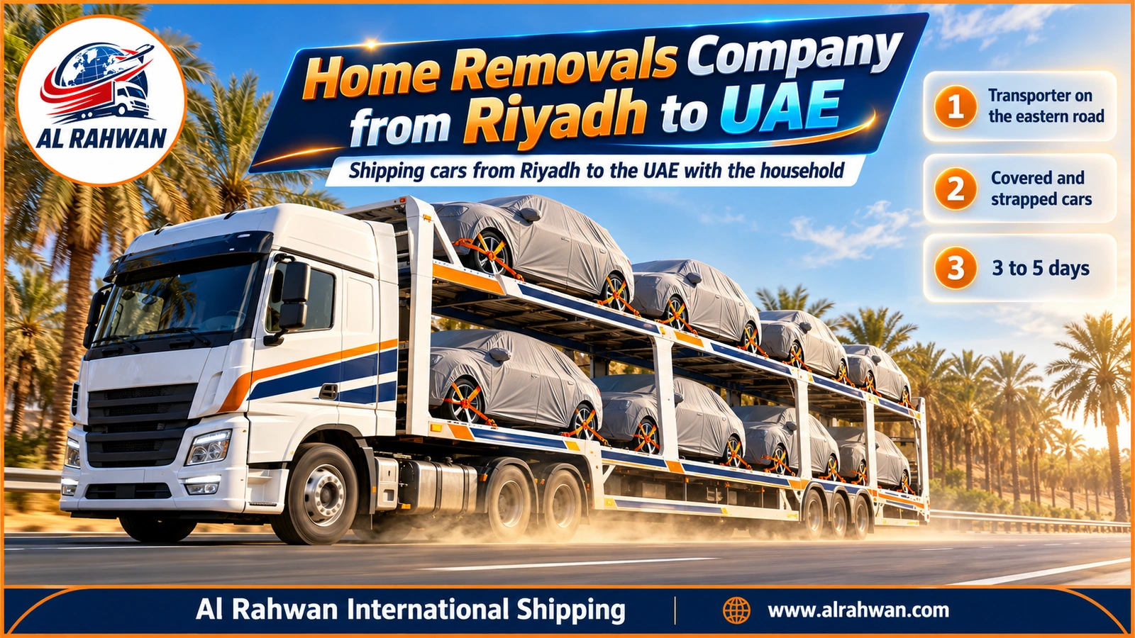 Multi-deck car carrier loaded with covered, strapped cars travelling from Riyadh to the UAE