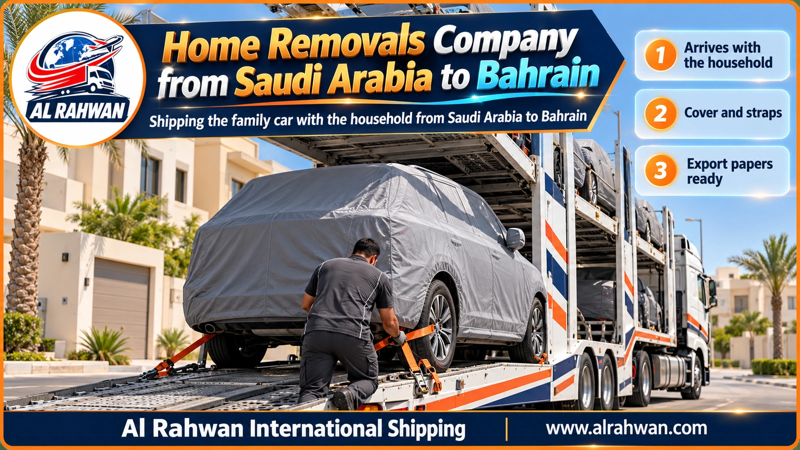 home removals company from saudi arabia to bahrain - a multi-deck car transporter carrying covered cars towards the King Fahd Causeway