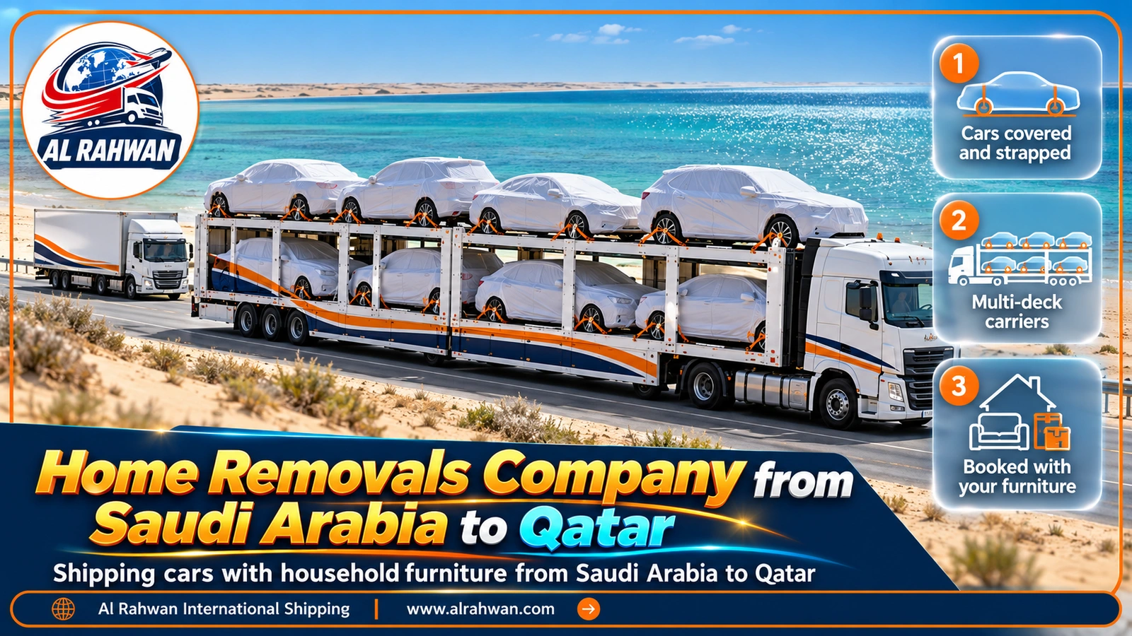 Cars covered and strapped on a carrier shipping from Saudi Arabia to Qatar