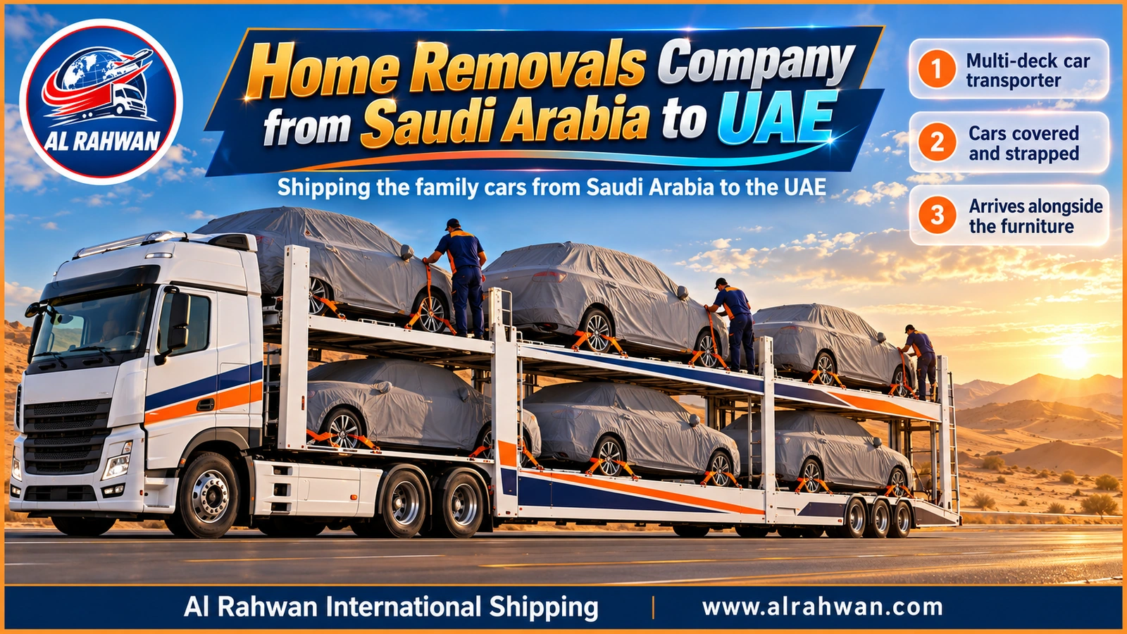 Multi-deck car carrier loaded with covered, strapped family cars on the road from Saudi Arabia to the UAE