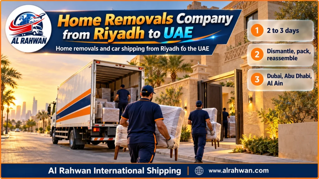 Home Removals Company from Riyadh to UAE | 0568829975 ◈ Riyadh Flat and Villa Moves with Car Shipping to Dubai and Abu Dhabi