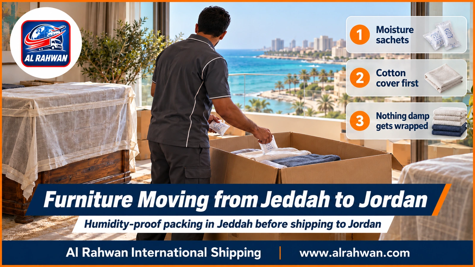 Furniture Moving from Jeddah to Jordan - A worker wraps a fabric chair in special paper to protect it from Jeddah's humidity before shipping it to Jordan